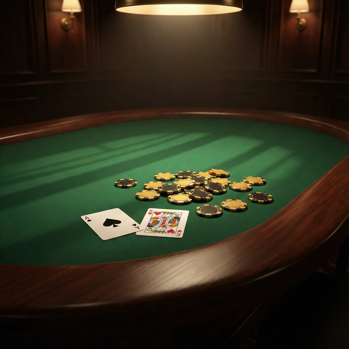 Mesa de blackjack com cartas e fichas douradas